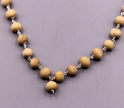 Handcrafted 925 solid silver Tulsi chain mala with 54 wooden beads, traditional Indian jewelry for meditation and spiritual use.