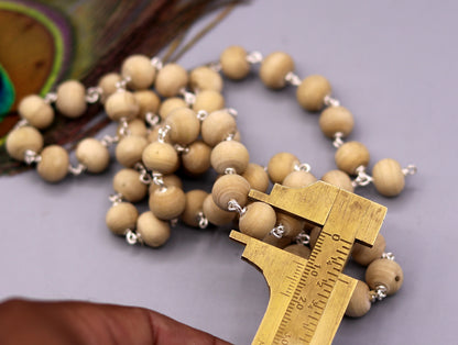 925 solid silver Tulsi mala necklace with 54 wooden beads, handcrafted Indian jaap mala chain for spiritual and medical use.