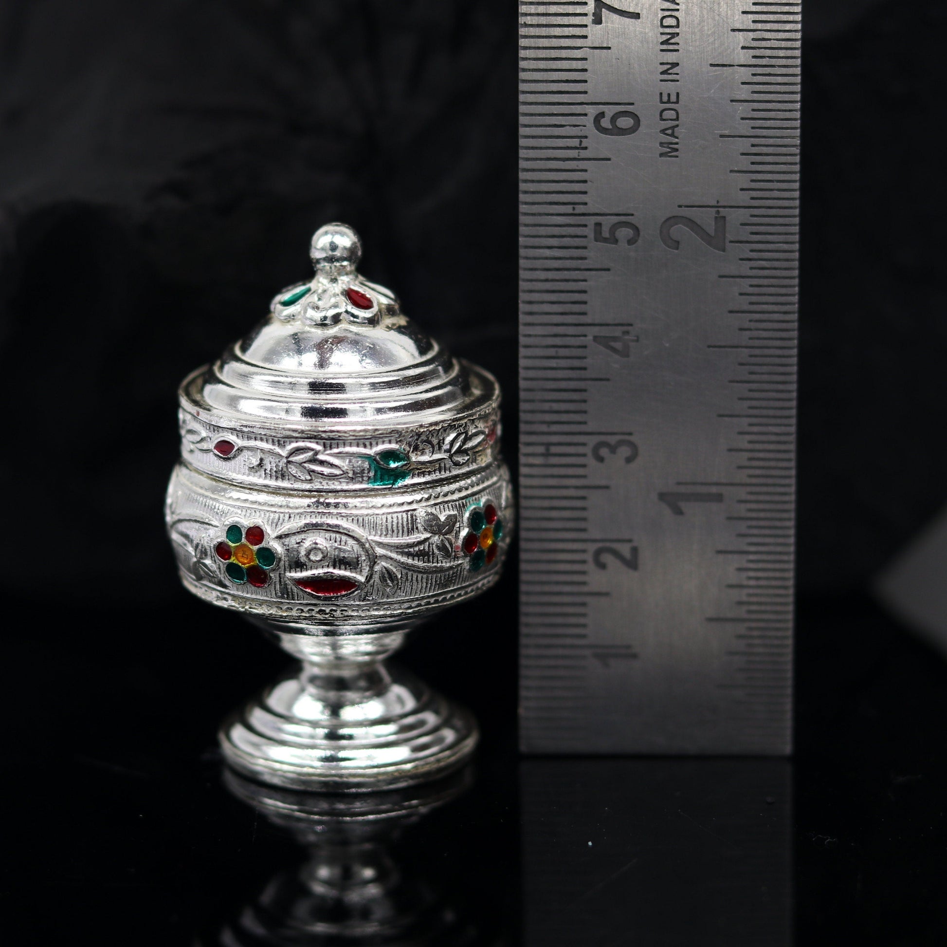 925 solid silver utensils trinket box, kumkum box/casket box bridal gifts enamel work box, container box, jewelry box, silver utensils stb67 - TRIBAL ORNAMENTS