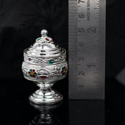 925 solid silver utensils trinket box, kumkum box/casket box bridal gifts enamel work box, container box, jewelry box, silver utensils stb67 - TRIBAL ORNAMENTS
