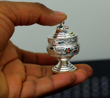 925 solid silver utensils trinket box, kumkum box/casket box bridal gifts enamel work box, container box, jewelry box, silver utensils stb67 - TRIBAL ORNAMENTS