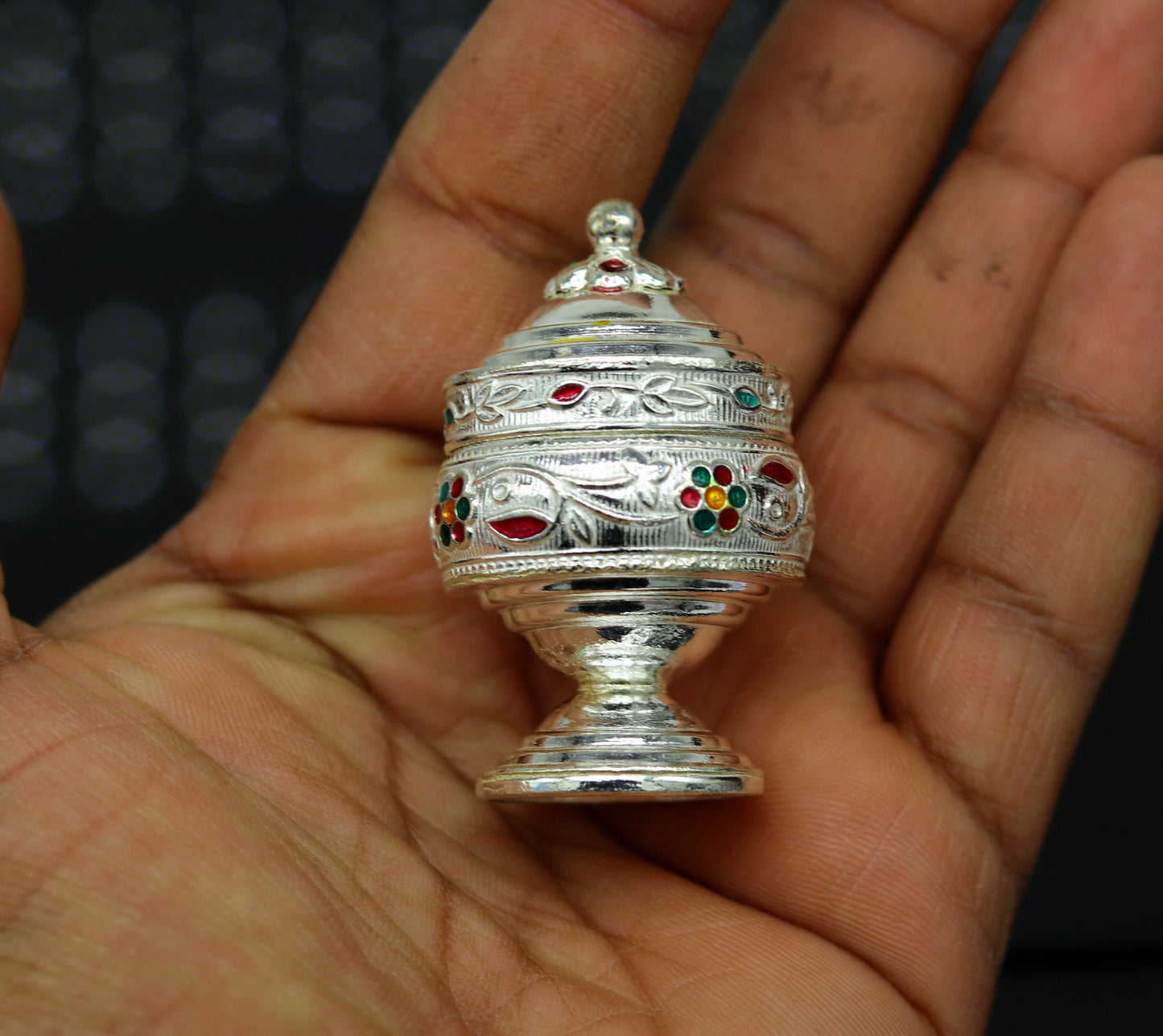 925 solid silver utensils trinket box, kumkum box/casket box bridal gifts enamel work box, container box, jewelry box, silver utensils stb67 - TRIBAL ORNAMENTS