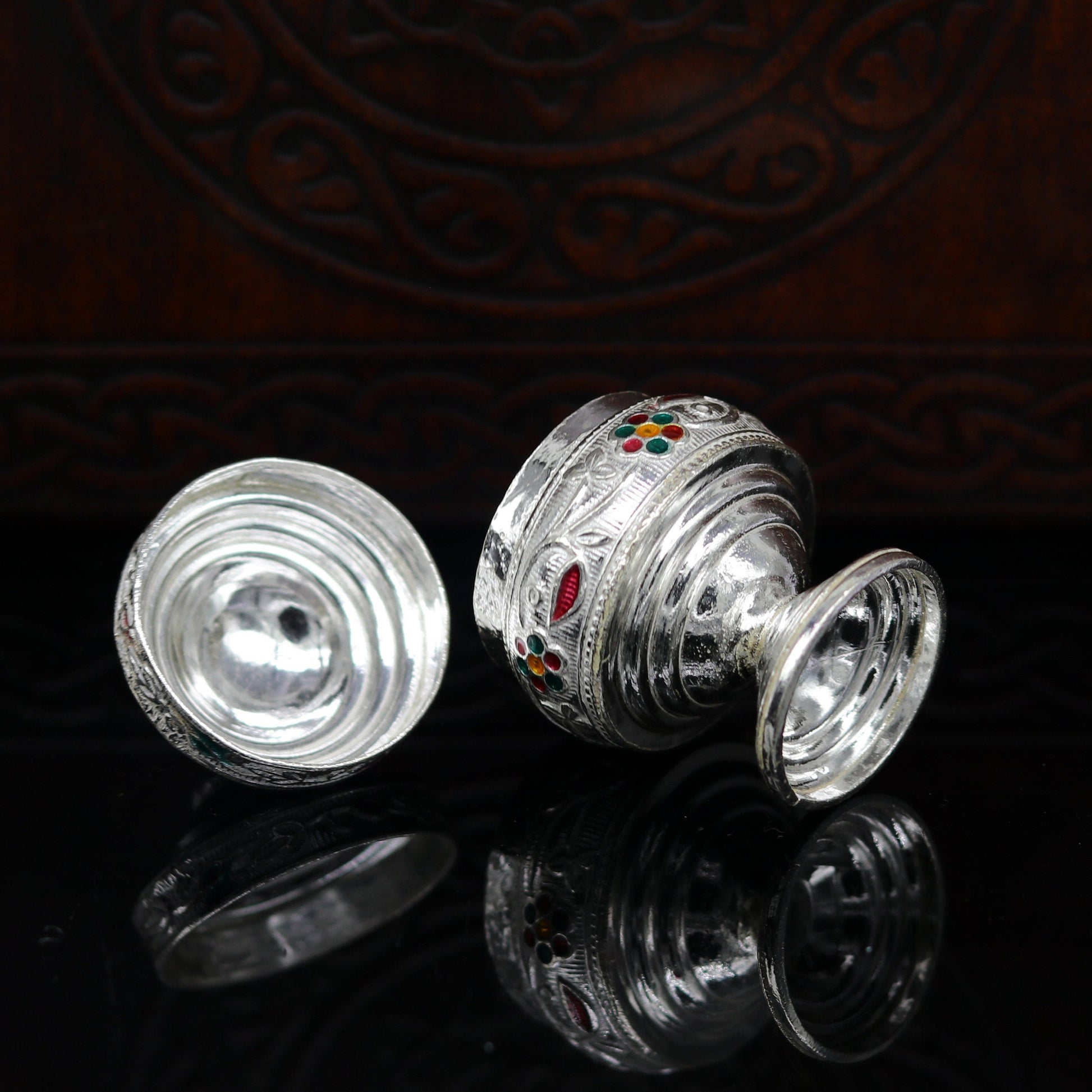 925 solid silver utensils trinket box, kumkum box/casket box bridal gifts enamel work box, container box, jewelry box, silver utensils stb67 - TRIBAL ORNAMENTS