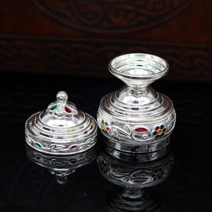 925 solid silver utensils trinket box, kumkum box/casket box bridal gifts enamel work box, container box, jewelry box, silver utensils stb67 - TRIBAL ORNAMENTS