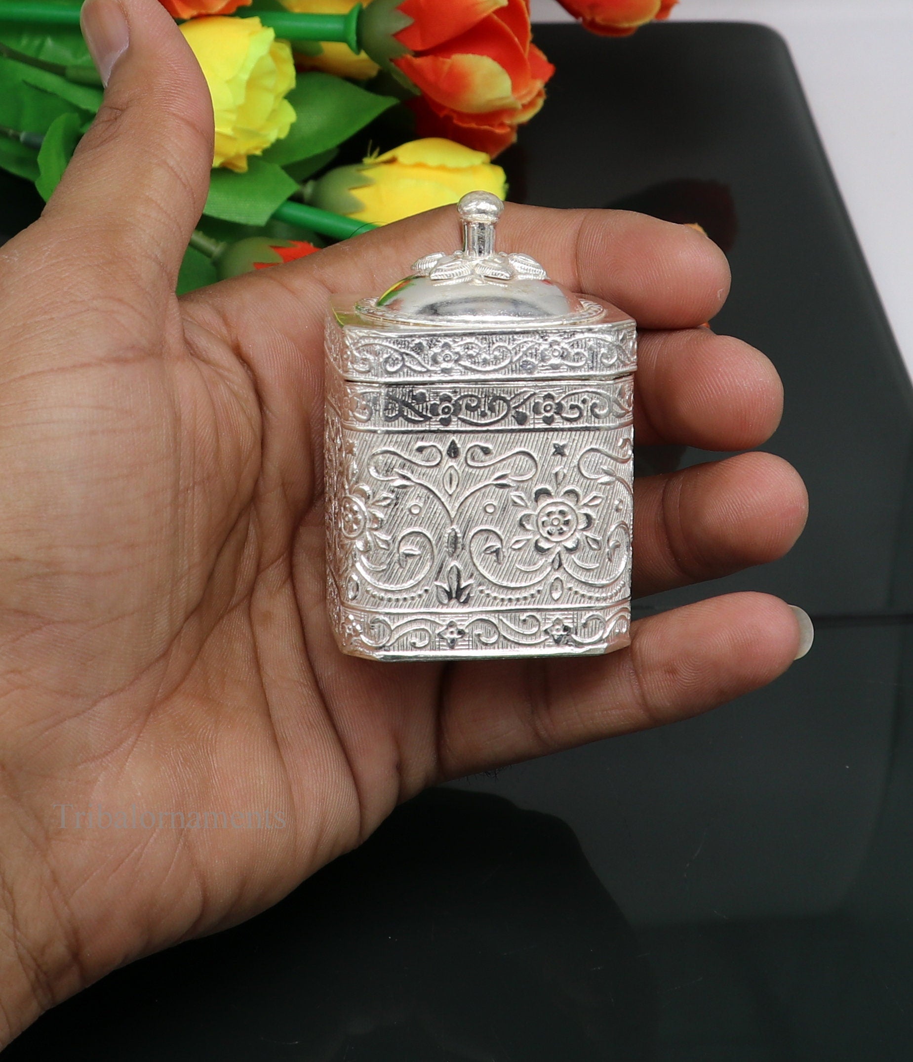 925 solid silver utensils vintage style trinket box, container/casket box bridal gifts floral work box, jewelry box silver utensils stb201 - TRIBAL ORNAMENTS