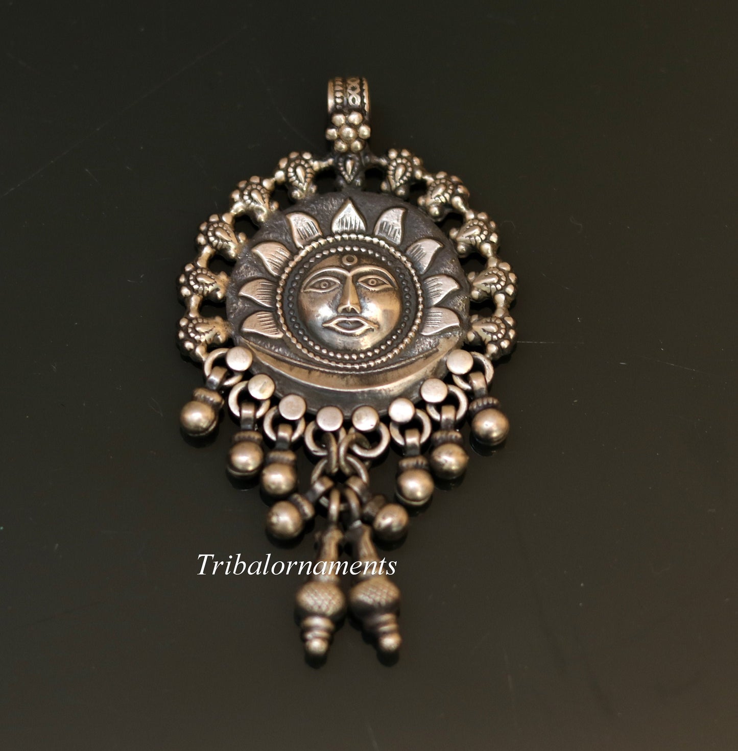 925 solid sterling silver handmade amazing sun face design customized tribal pendant necklace with fabulous hanging bells jewelry nsp362 - TRIBAL ORNAMENTS