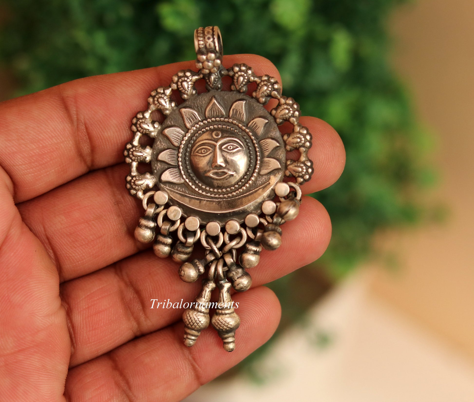 925 solid sterling silver handmade amazing sun face design customized tribal pendant necklace with fabulous hanging bells jewelry nsp362 - TRIBAL ORNAMENTS