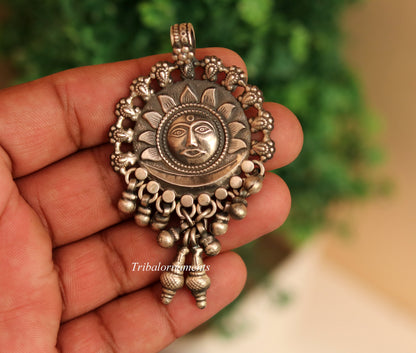 925 solid sterling silver handmade amazing sun face design customized tribal pendant necklace with fabulous hanging bells jewelry nsp362 - TRIBAL ORNAMENTS