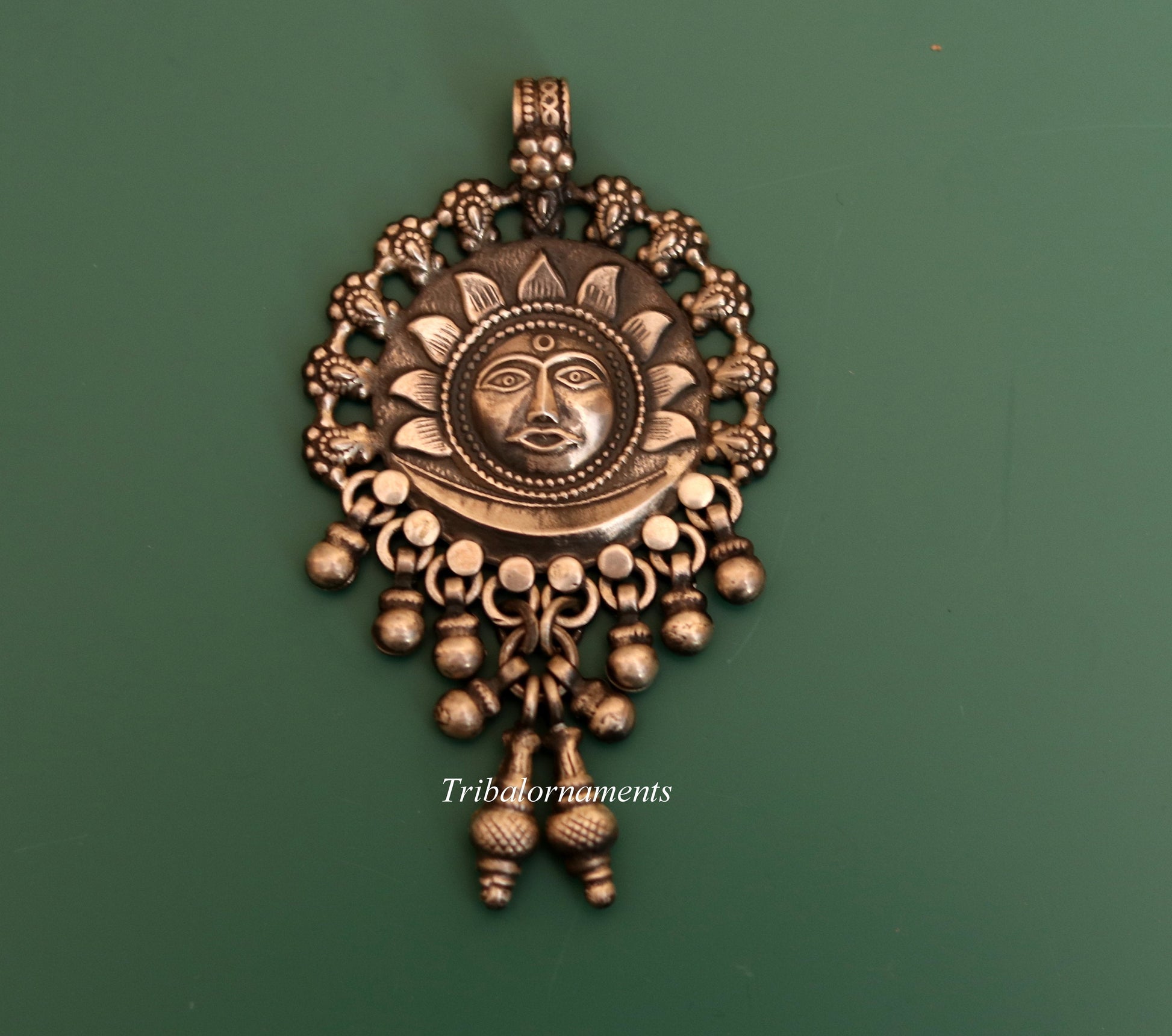 925 solid sterling silver handmade amazing sun face design customized tribal pendant necklace with fabulous hanging bells jewelry nsp362 - TRIBAL ORNAMENTS