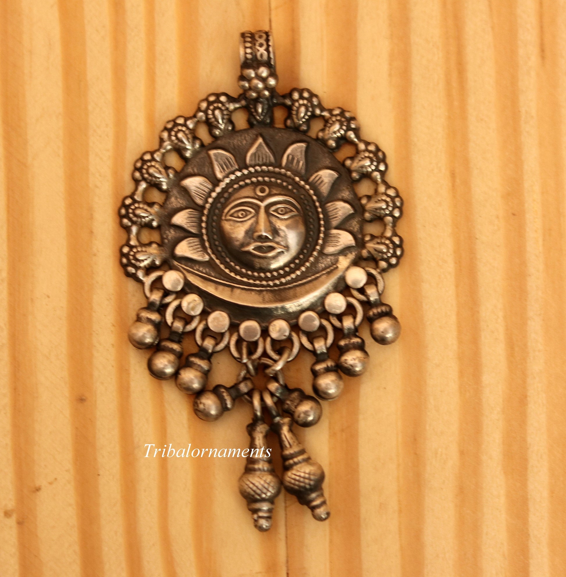 925 solid sterling silver handmade amazing sun face design customized tribal pendant necklace with fabulous hanging bells jewelry nsp362 - TRIBAL ORNAMENTS
