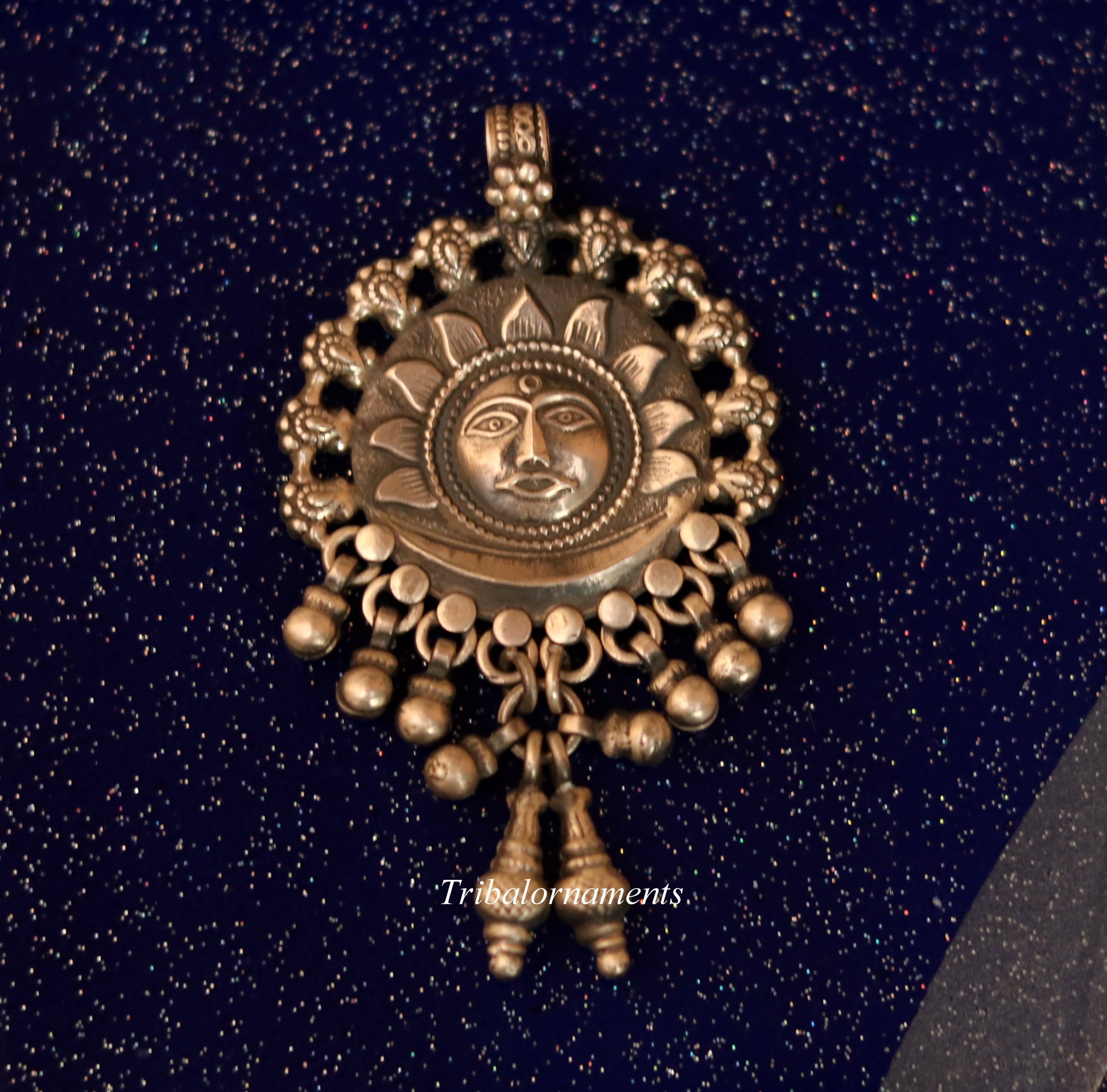 925 solid sterling silver handmade amazing sun face design customized tribal pendant necklace with fabulous hanging bells jewelry nsp362 - TRIBAL ORNAMENTS