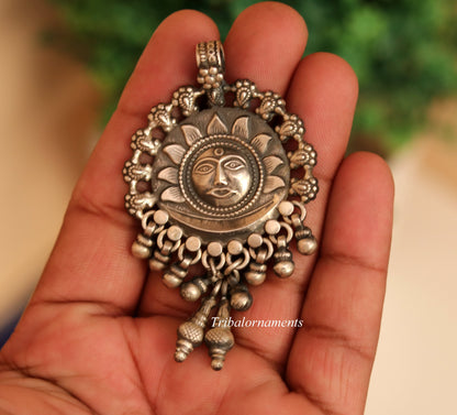 925 solid sterling silver handmade amazing sun face design customized tribal pendant necklace with fabulous hanging bells jewelry nsp362 - TRIBAL ORNAMENTS