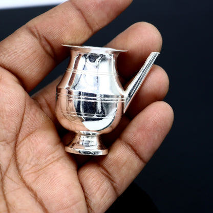 Small handmade sterling silver Karwa Chauth Kalash for puja, featuring intricate tribal design, ideal for water or milk offerings.