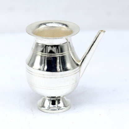 Small handmade sterling silver Karwa Chauth Kalash or pot for puja rituals, featuring intricate design and traditional craftsmanship.