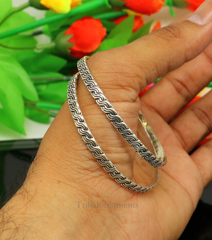 Sterling silver customized bangle bracelet with intricate tribal design, stylish jewelry for brides and special gifting by Tribal Ornaments.