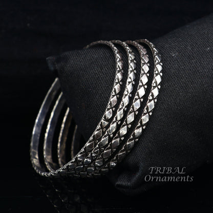 Sterling silver designer bangle bracelet with customized work, handcrafted jewelry by TRIBAL ORNAMENTS for brides and gifting.