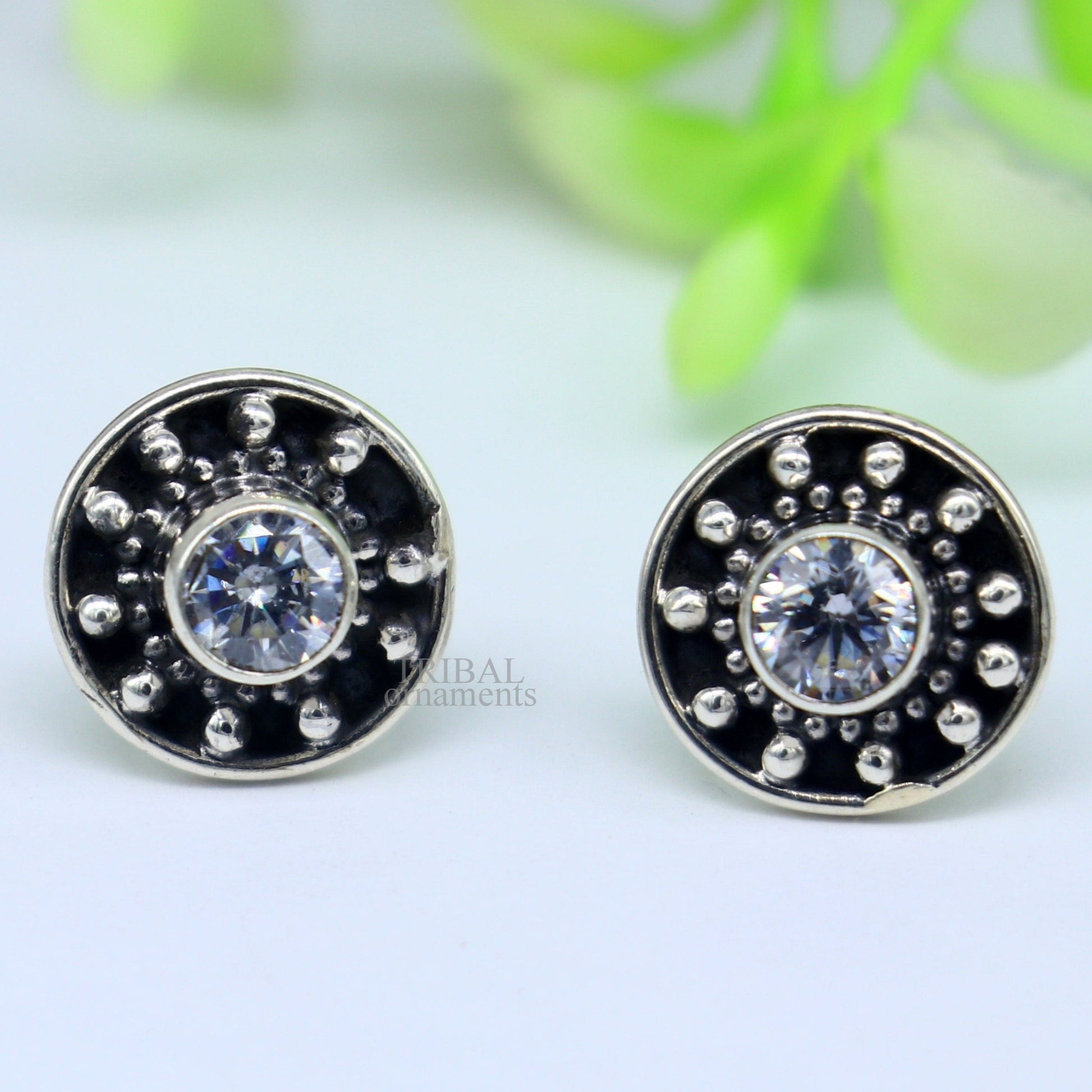 Sterling silver tribal-style stud earring with vintage design and single CZ stone, ideal for daily wear from TRIBAL ORNAMENTS.