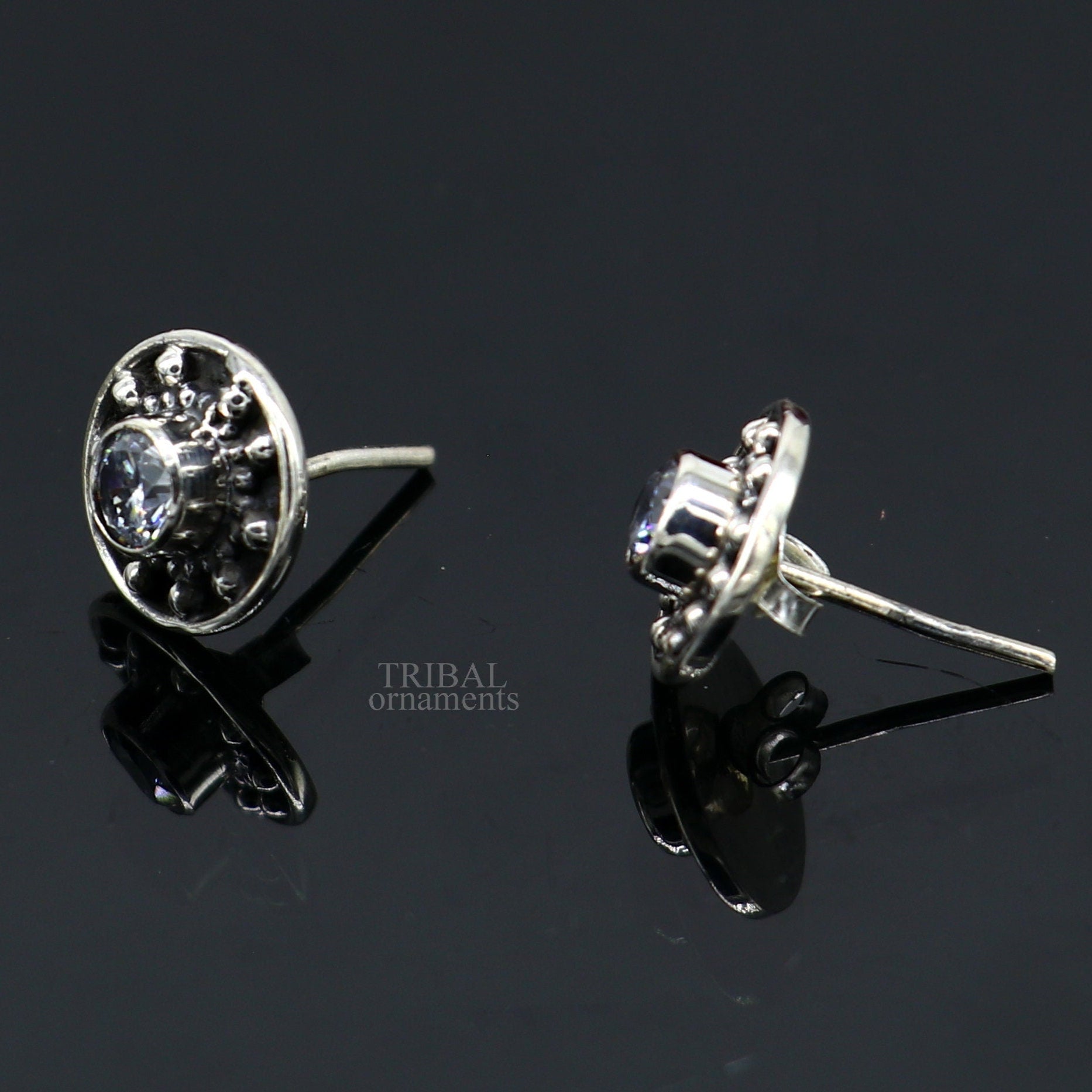 Sterling silver handmade vintage-style single CZ stone stud earring with traditional Indian design by TRIBAL ORNAMENTS.