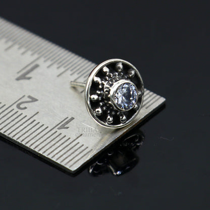 Sterling silver handmade vintage style single CZ stone stud earring, stylish daily wear jewelry from TRIBAL ORNAMENTS India