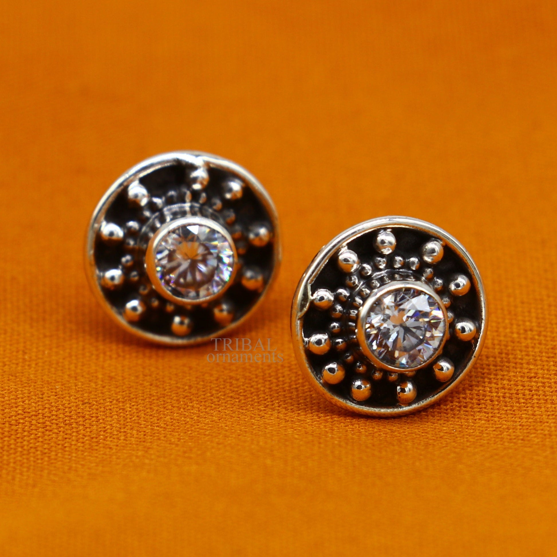 Sterling silver vintage-style single CZ stone stud earring by TRIBAL ORNAMENTS, handmade Indian jewelry for daily wear.
