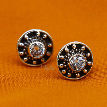 Sterling silver vintage-style single CZ stone stud earring by TRIBAL ORNAMENTS, handmade Indian jewelry for daily wear.