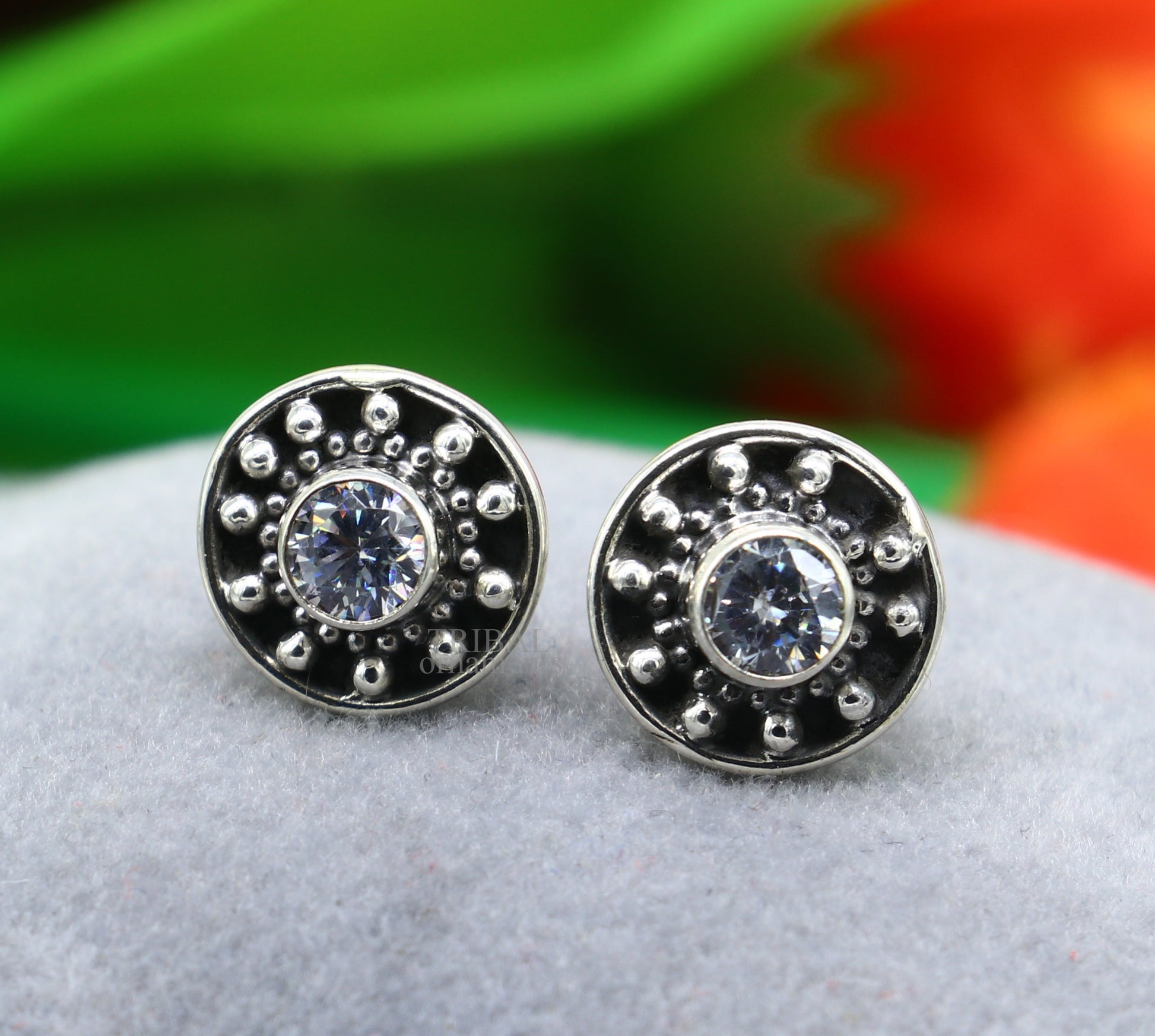 Sterling silver handmade vintage style single CZ stone stud earring from TRIBAL ORNAMENTS, ideal for daily wear.