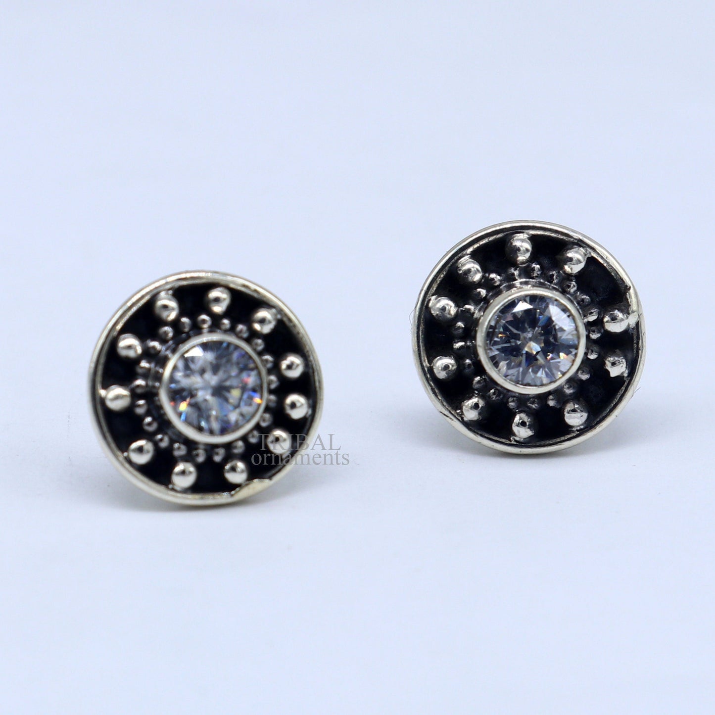 Sterling silver vintage-style stud earring with a single CZ stone, handmade by TRIBAL ORNAMENTS, ideal for daily wear.