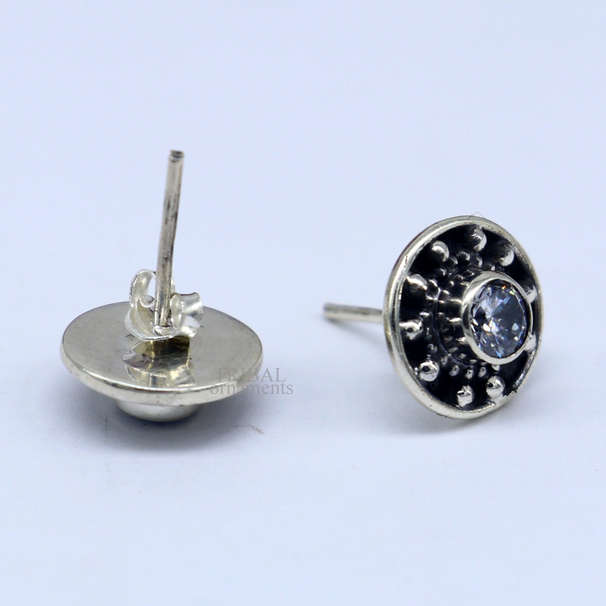 Sterling silver vintage style single CZ stone stud earring, handmade tribal jewelry from India featuring stylish, everyday wear design.