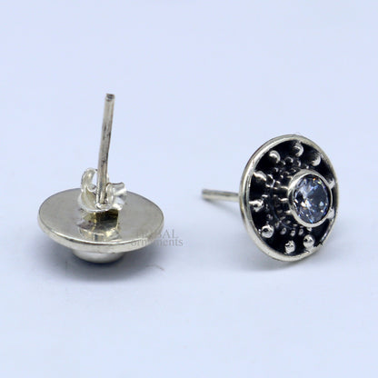 Sterling silver vintage style single CZ stone stud earring, handmade tribal jewelry from India featuring stylish, everyday wear design.