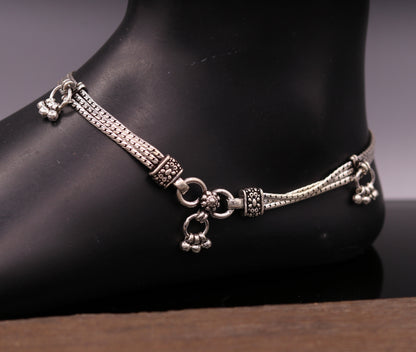 Sterling silver 10.5-inch personalized chain anklet by TRIBAL ORNAMENTS, foot jewelry for belly dance and customized ankle jewelry.