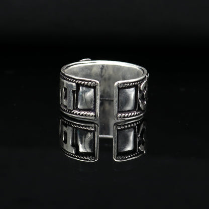 925 silver handcrafted Shiva mantra thumb ring featuring 11mm solid band with adjustable size and divine Aum Om Namah Shivay inscription.