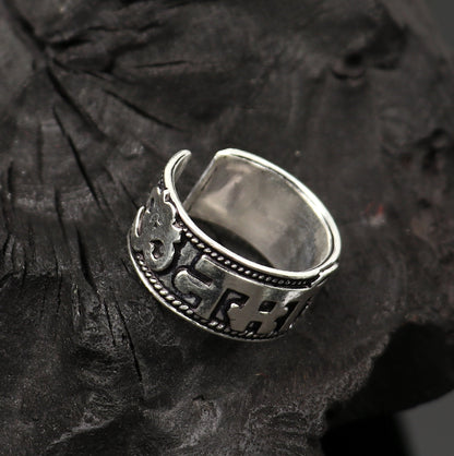 925 silver handcrafted adjustable Shiva mantra thumb ring with 11mm solid band, featuring divine idol and sacred "Aum/OM Namah Shivay" design.