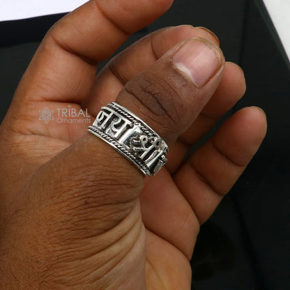 Sterling silver 11mm wide handmade adjustable Rama mantra thumb ring featuring idol Rama, classical jewelry by Tribal Ornaments.