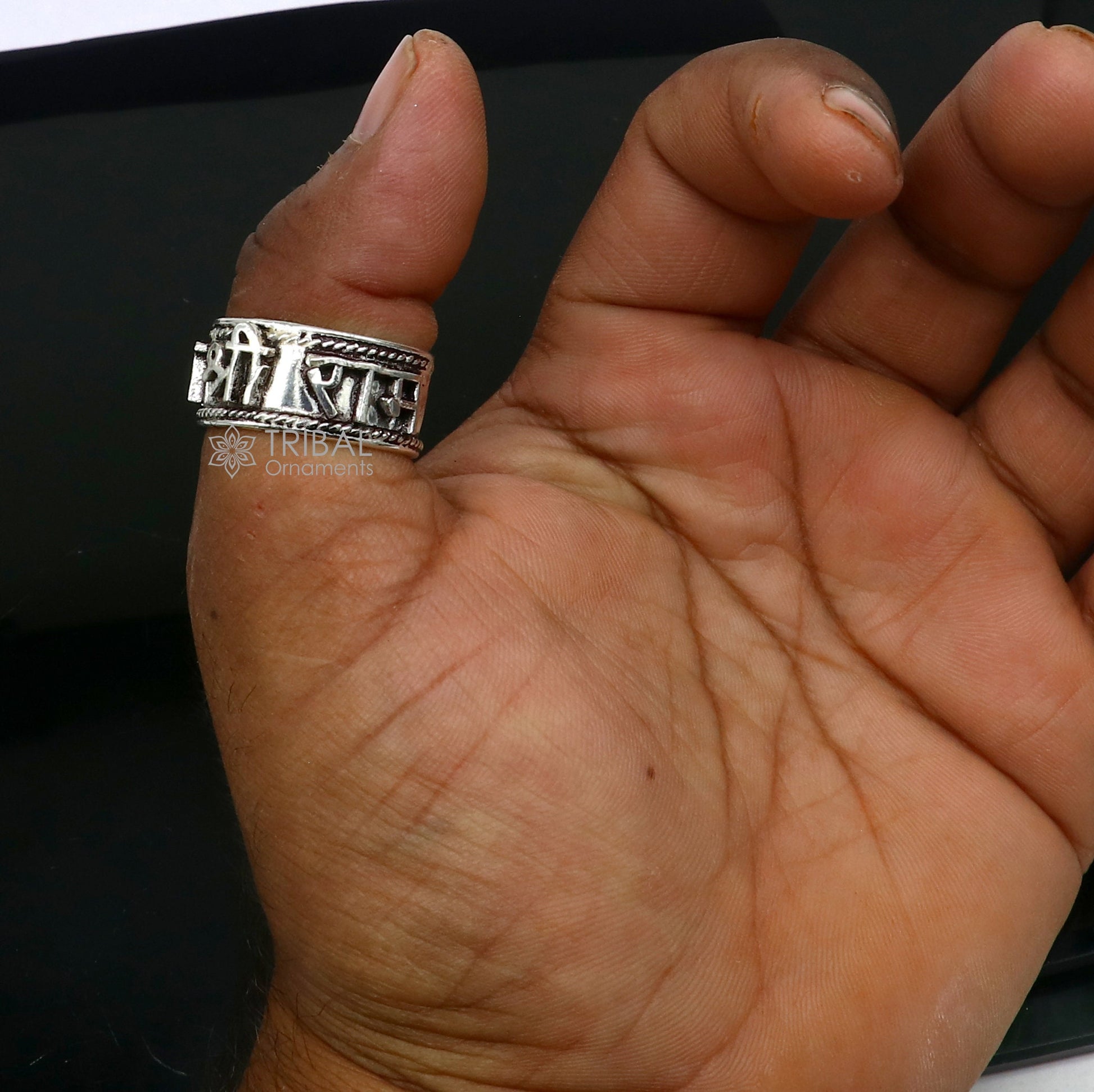 925 sterling silver 11mm wide solid handmade Adjustable idol Rama mantra "Jai Shri Ram" ring band, thumb ring classical jewelry sr381 - TRIBAL ORNAMENTS