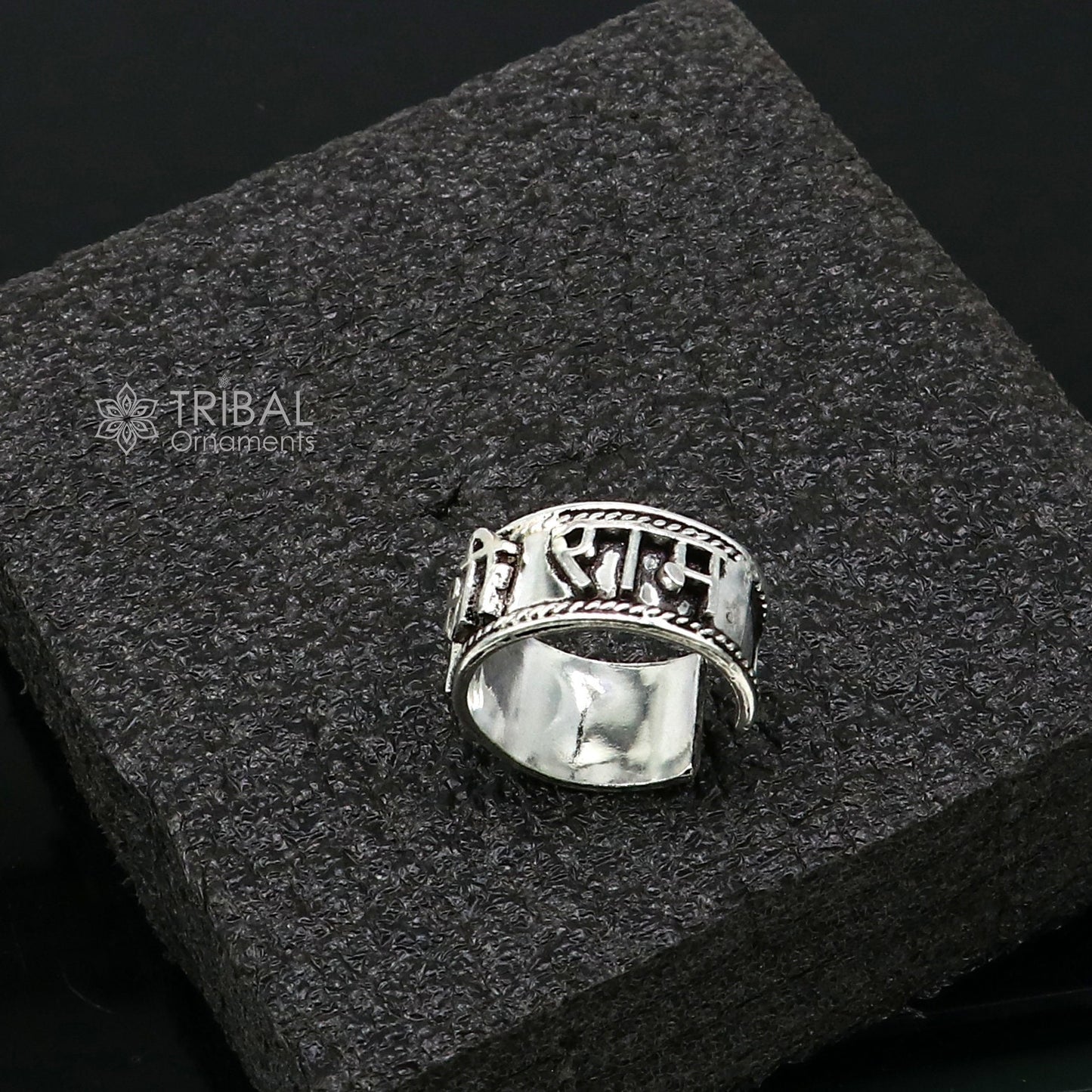 925 sterling silver 11mm wide solid handmade Adjustable idol Rama mantra "Jai Shri Ram" ring band, thumb ring classical jewelry sr381 - TRIBAL ORNAMENTS
