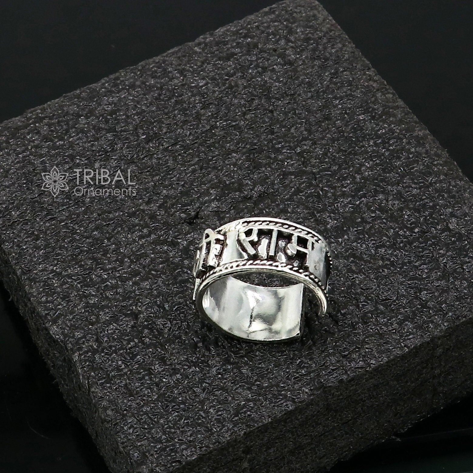 925 sterling silver 11mm wide solid handmade Adjustable idol Rama mantra "Jai Shri Ram" ring band, thumb ring classical jewelry sr381 - TRIBAL ORNAMENTS