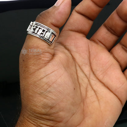 Sterling silver 11mm wide handmade adjustable Rama mantra thumb ring featuring idol Rama and "Jai Shri Ram" inscription.