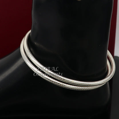 Sterling silver 3.5mm vintage Indian traditional foot kada anklet pair with hollow tribal design for women.