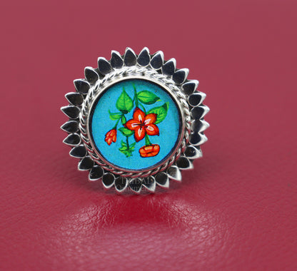 925 sterling silver adjustable ring band fabulous flower design miniature art painting ring Stylish ethnic party jewelry RRing509 - TRIBAL ORNAMENTS