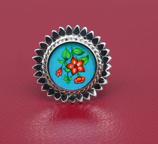 925 sterling silver adjustable ring band fabulous flower design miniature art painting ring Stylish ethnic party jewelry RRing509 - TRIBAL ORNAMENTS