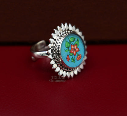 925 sterling silver adjustable ring band fabulous flower design miniature art painting ring Stylish ethnic party jewelry RRing509 - TRIBAL ORNAMENTS
