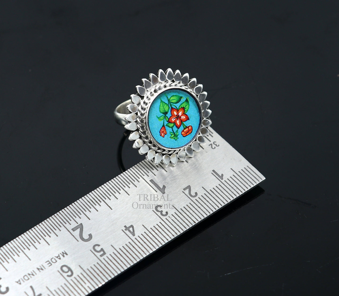 925 sterling silver adjustable ring band fabulous flower design miniature art painting ring Stylish ethnic party jewelry RRing509 - TRIBAL ORNAMENTS
