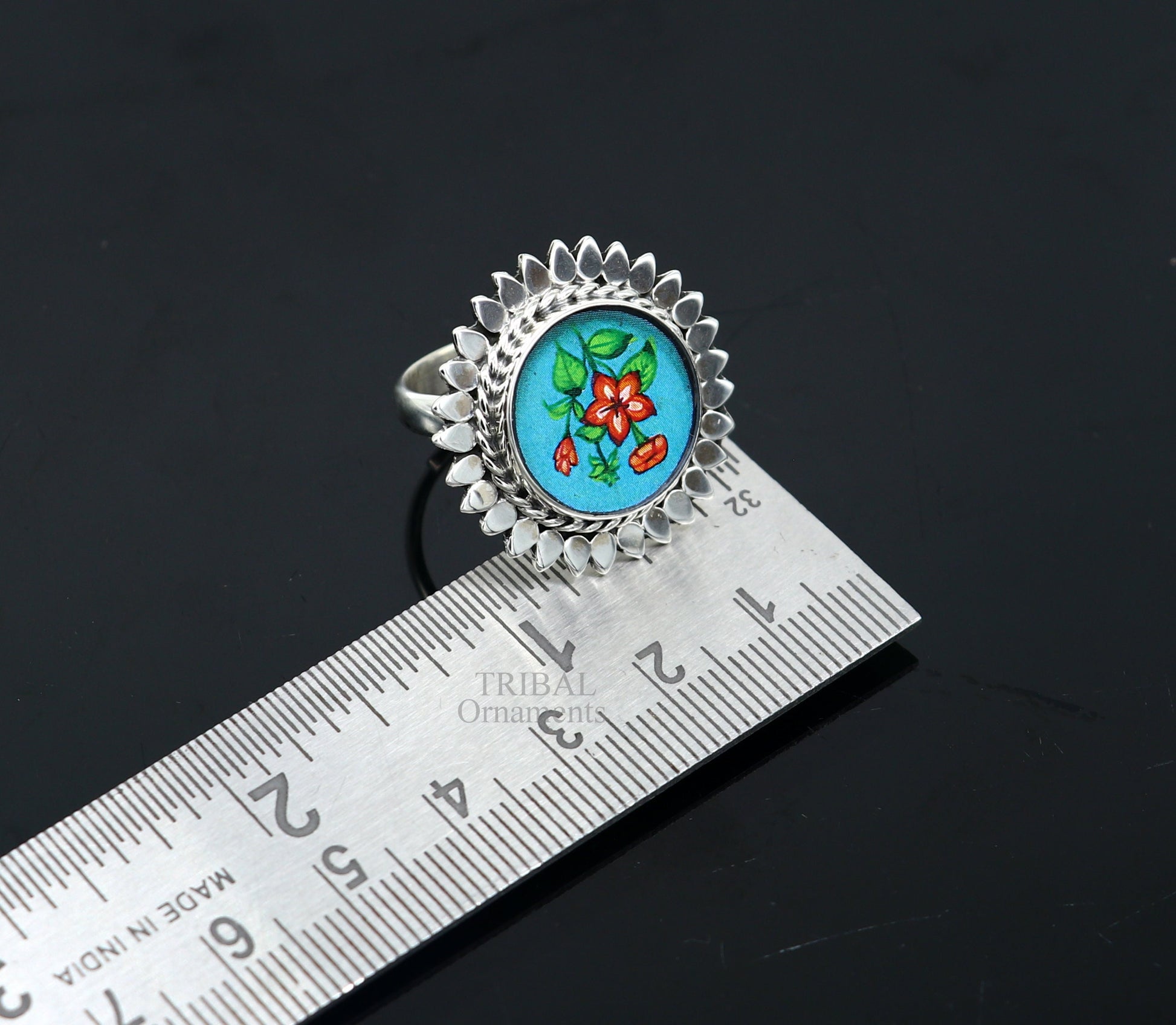 925 sterling silver adjustable ring band fabulous flower design miniature art painting ring Stylish ethnic party jewelry RRing509 - TRIBAL ORNAMENTS