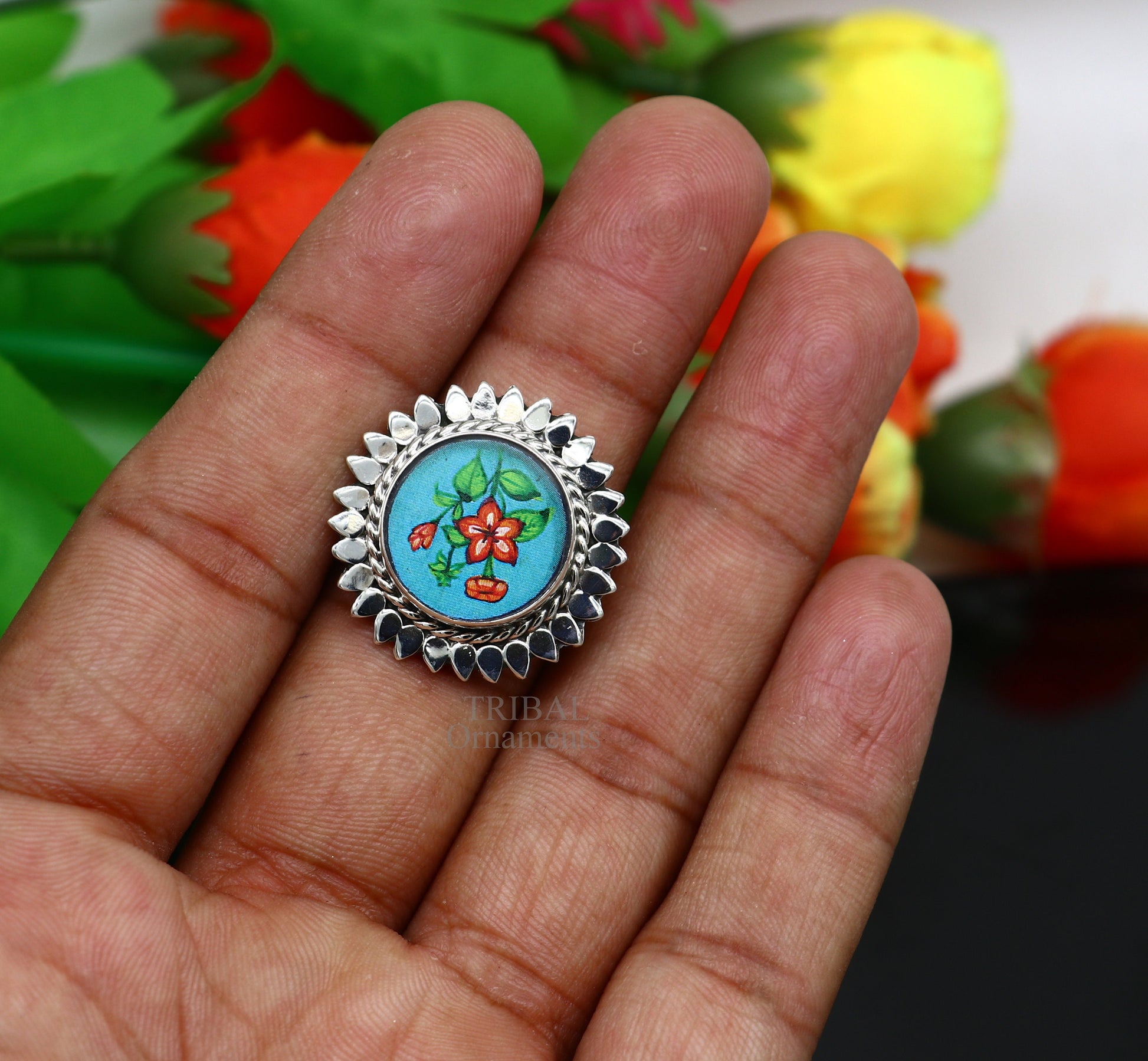 925 sterling silver adjustable ring band fabulous flower design miniature art painting ring Stylish ethnic party jewelry RRing509 - TRIBAL ORNAMENTS