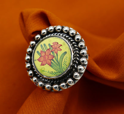 925 sterling silver adjustable ring band fabulous flower design miniature art painting ring Stylish ethnic party jewelry RRing525 - TRIBAL ORNAMENTS