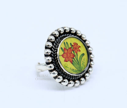 925 sterling silver adjustable ring band fabulous flower design miniature art painting ring Stylish ethnic party jewelry RRing525 - TRIBAL ORNAMENTS