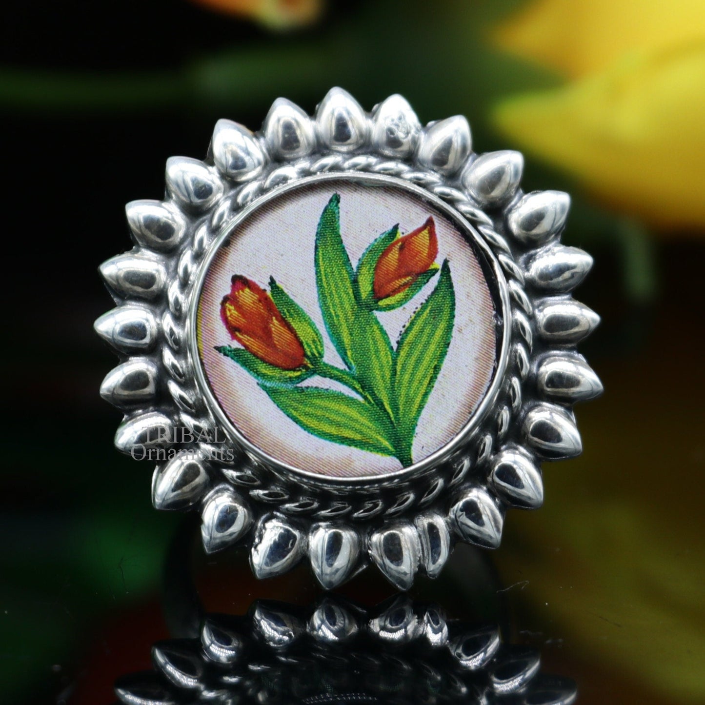 925 sterling silver adjustable ring band with fabulous flower painting ring unisex India jewelry ring505 - TRIBAL ORNAMENTS