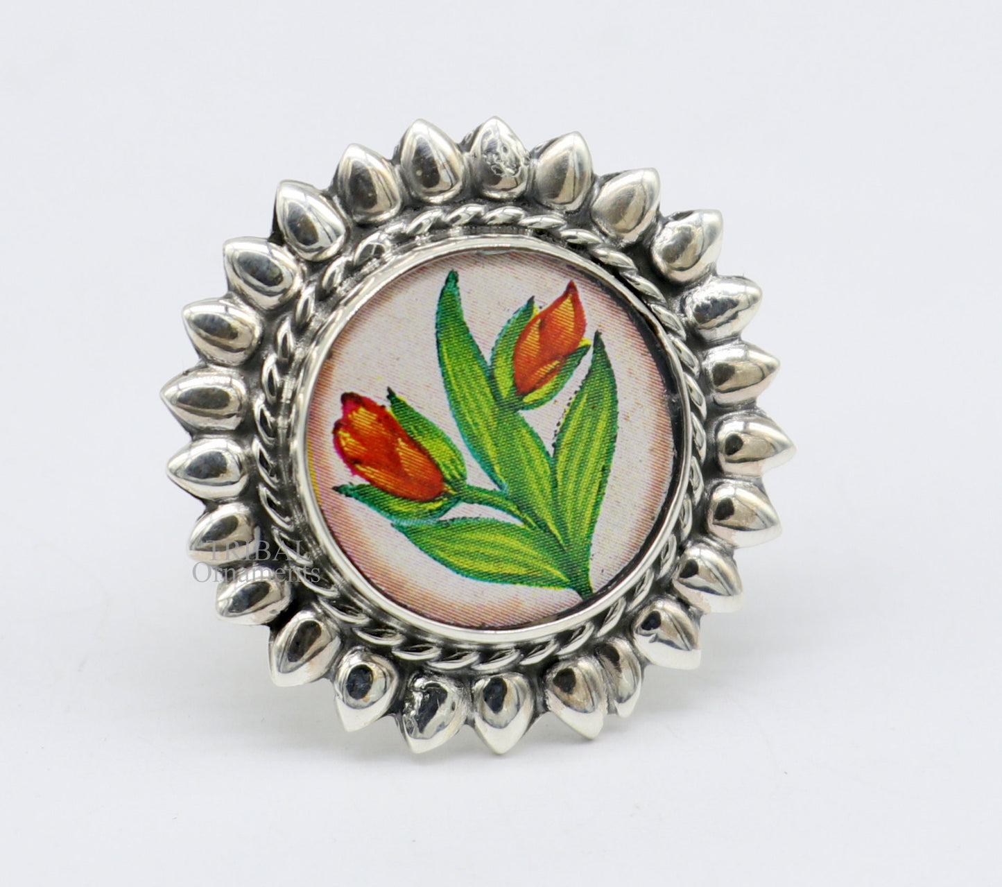 925 sterling silver adjustable ring band with fabulous flower painting ring unisex India jewelry ring505 - TRIBAL ORNAMENTS