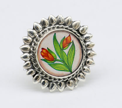 925 sterling silver adjustable ring band with fabulous flower painting ring unisex India jewelry ring505 - TRIBAL ORNAMENTS