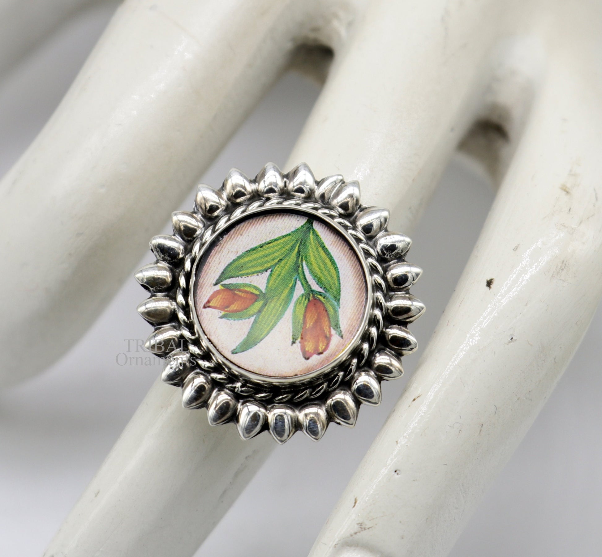 925 sterling silver adjustable ring band with fabulous flower painting ring unisex India jewelry ring505 - TRIBAL ORNAMENTS